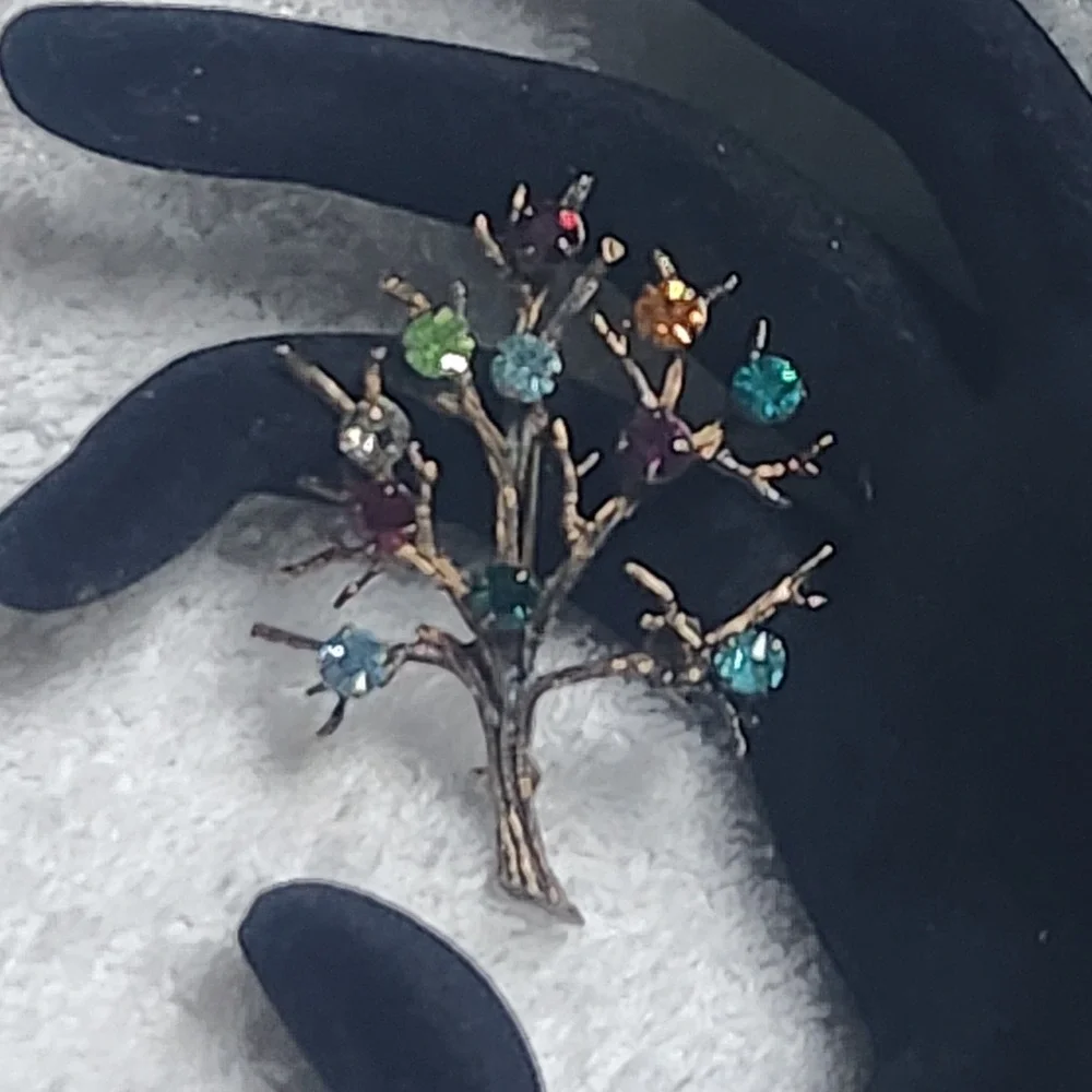 Vintage Sterling Silver Tree of Life Brooch Multi Color Rhinestone Pin‎